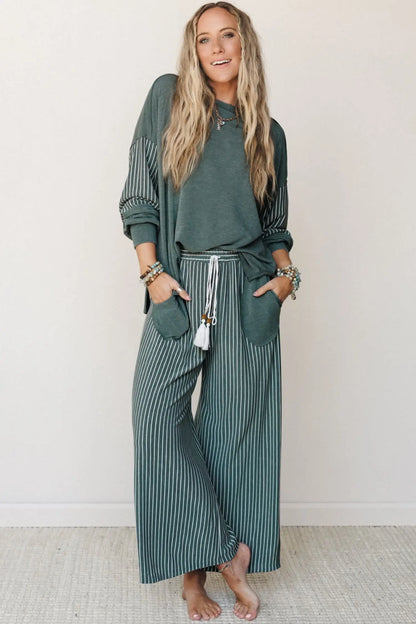 Green Bay Raw Seam Patchwork Long Sleeve Top Pocket Casual Pants 2pcs Set