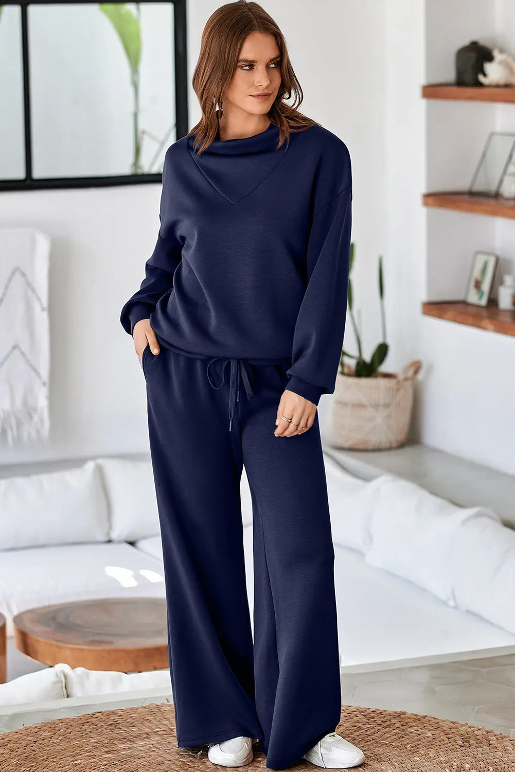 Dusk Blue Solid Color Cowl Neck Drawstring Pullover Wide Leg Athleisure Pants Set