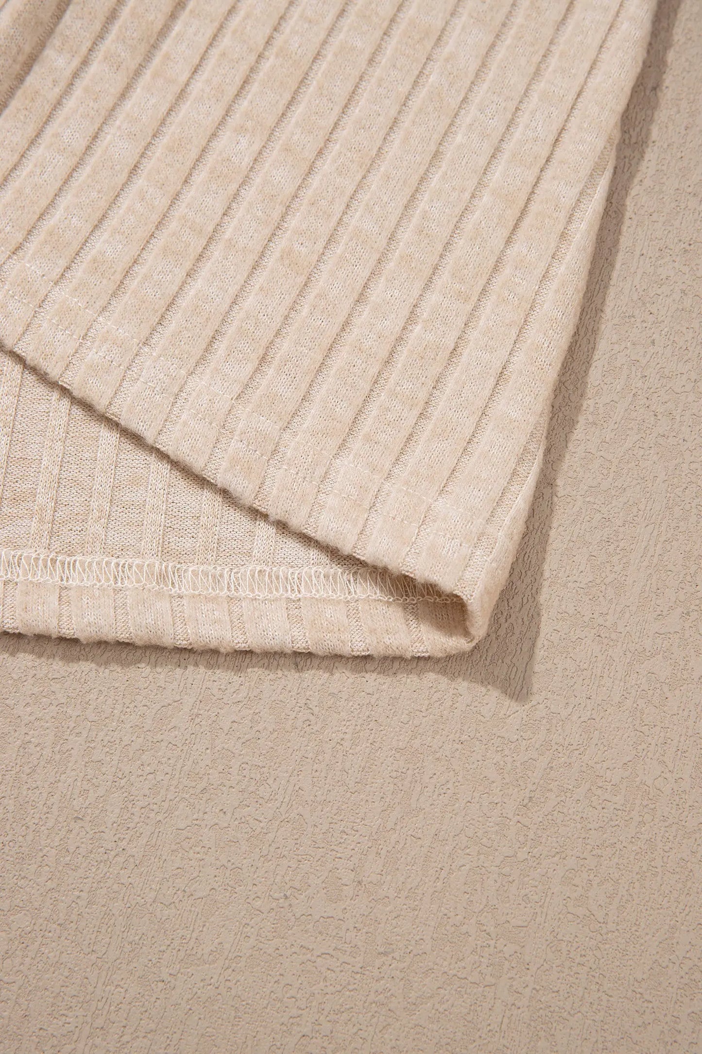 Apricot Solid Color Ribbed Knit Cowl Neck Long Sleeve Top