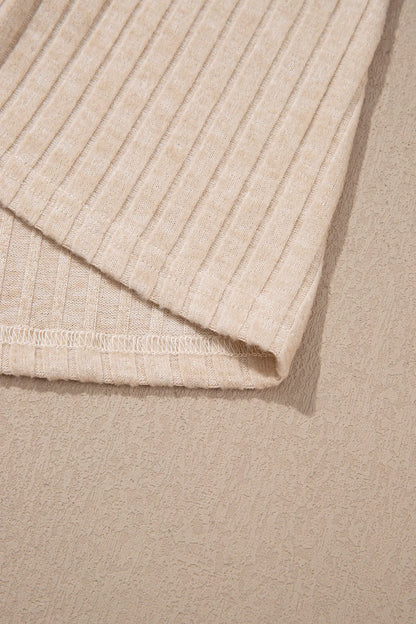 Apricot Solid Color Ribbed Knit Cowl Neck Long Sleeve Top