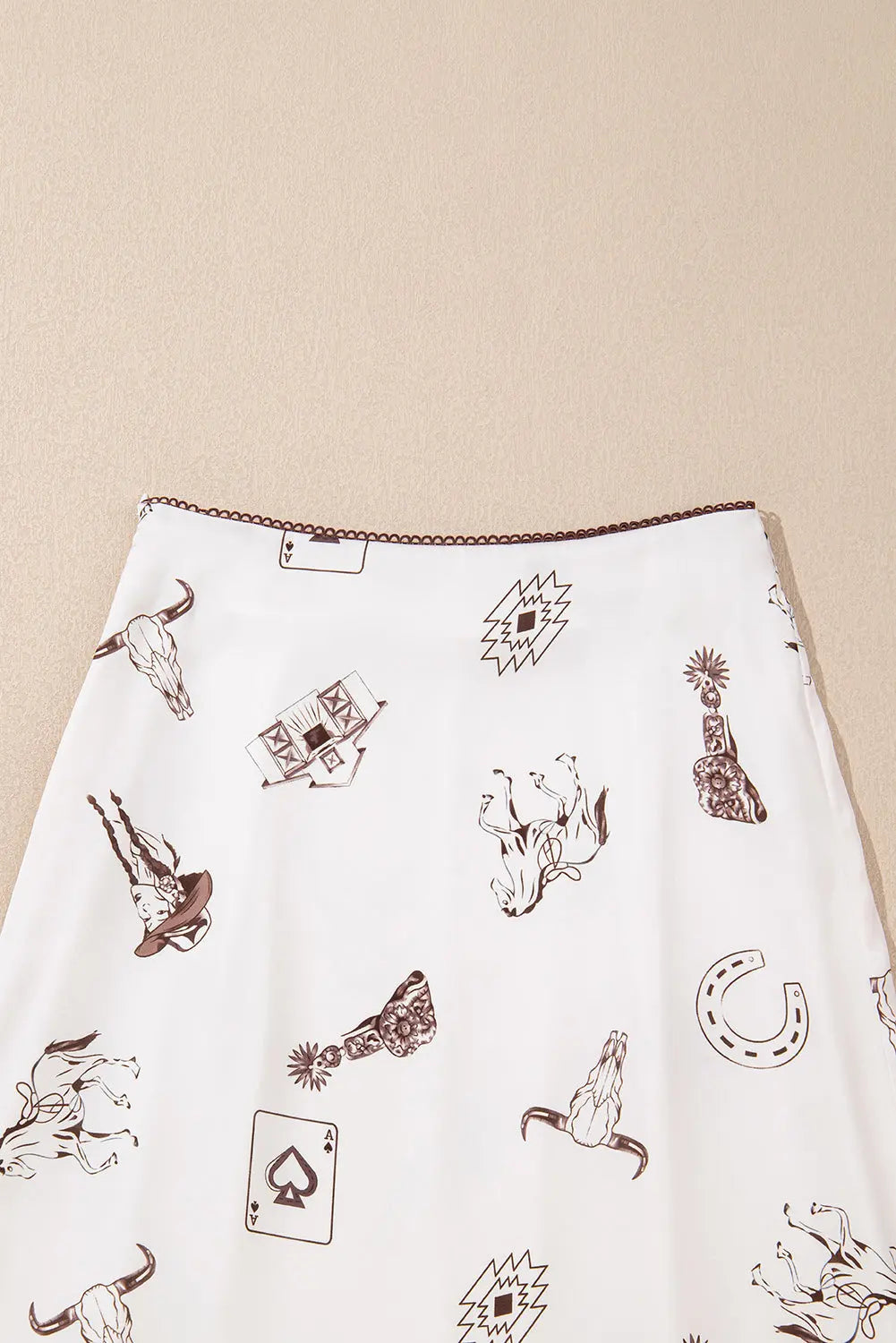White Western Print Satin Long Skirt - Skirts