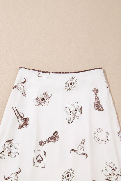 White Western Print Satin Long Skirt - Skirts