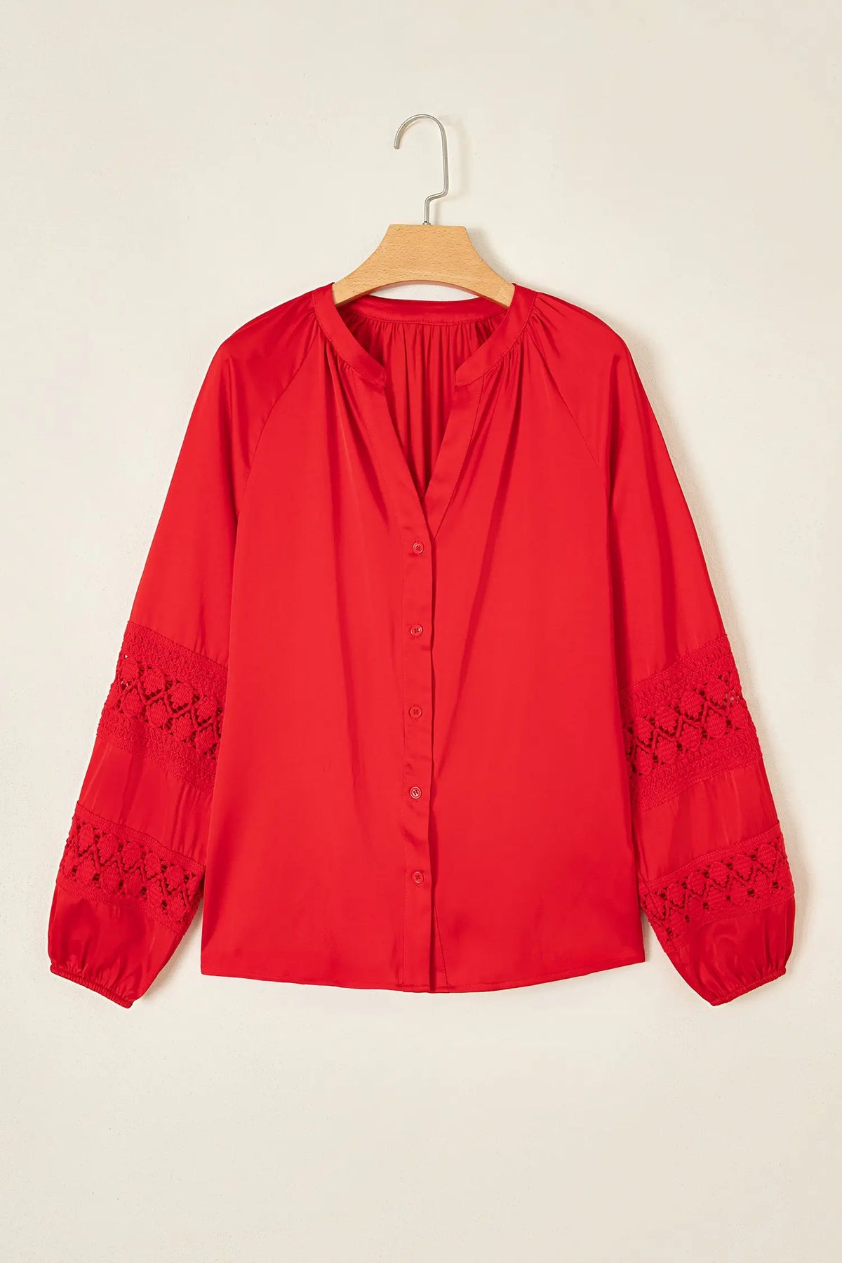 Fiery Red Patchwork Lace Long Sleeve V Neck Button Front Shirt
