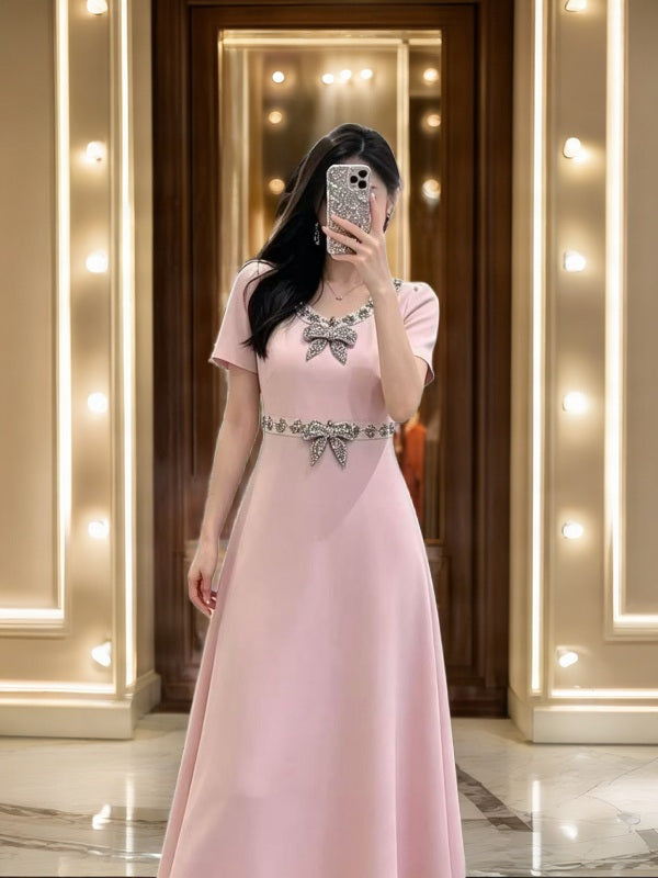 Crystal-Trimmed Short Sleeve Midi Dress model front view · nz-bg-v1