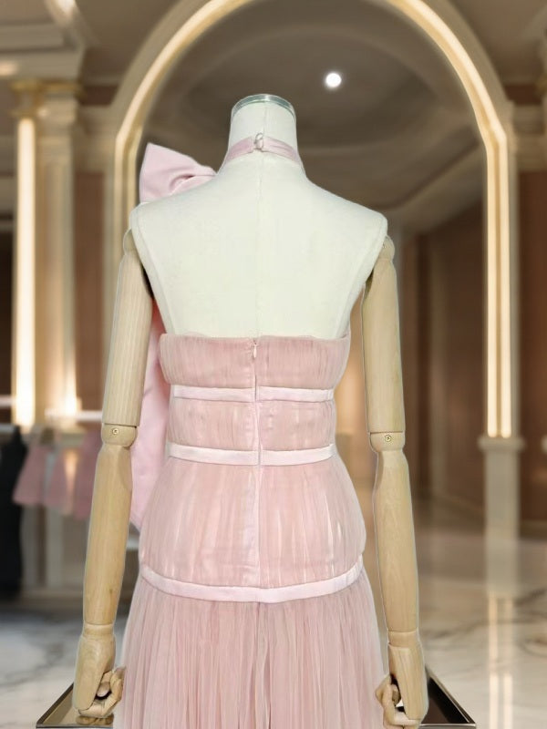 Blush Pink Halter Bow Tulle Maxi Gown mannequin view · nz-bg-v1