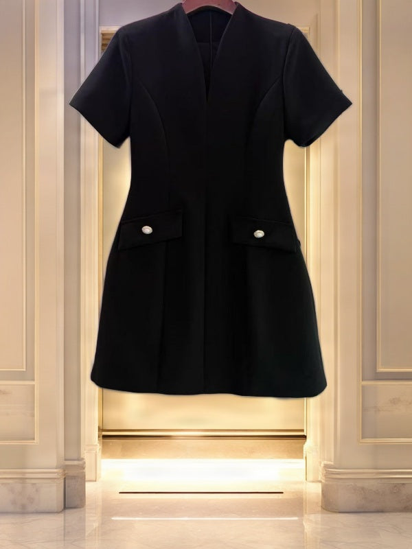 Tailored V-Neck Mini Dress with Pocket Flaps hanging view · nz-bg-v1