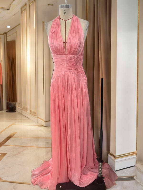 Pleated Halter Neck Maxi Dress with Front Slip mannequin view · nz-bg-v1