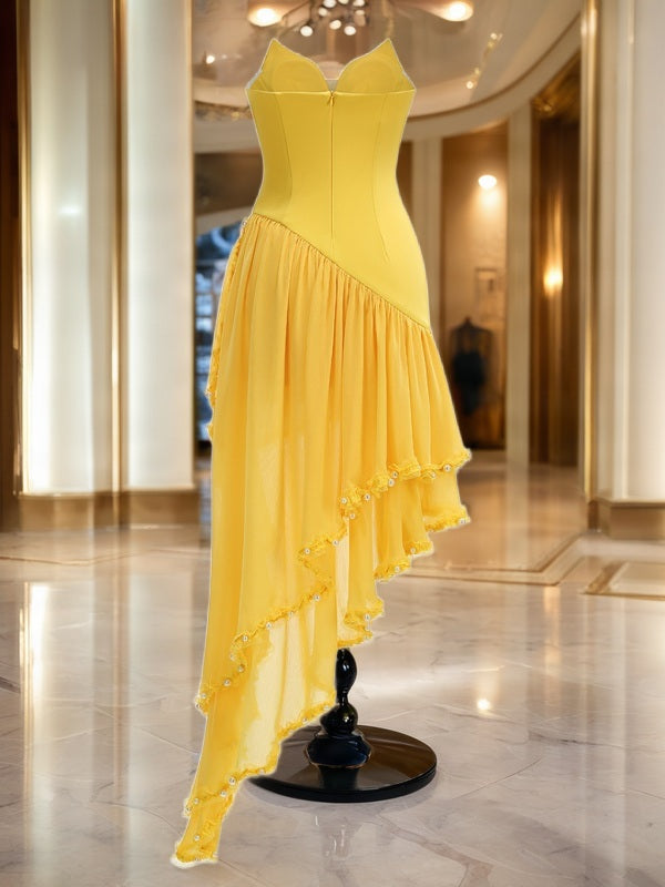 Strapless High-Low Tiered Gown in Sunshine Yellow hanging view · nz-bg-v1