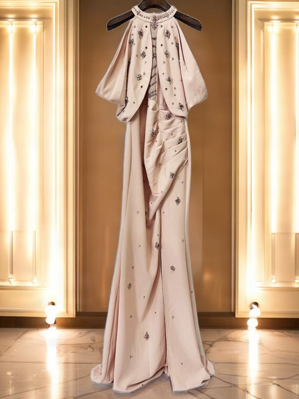 Beaded Halter Maxi Gown in Blush Pink hanging view · nz-bg-v1
