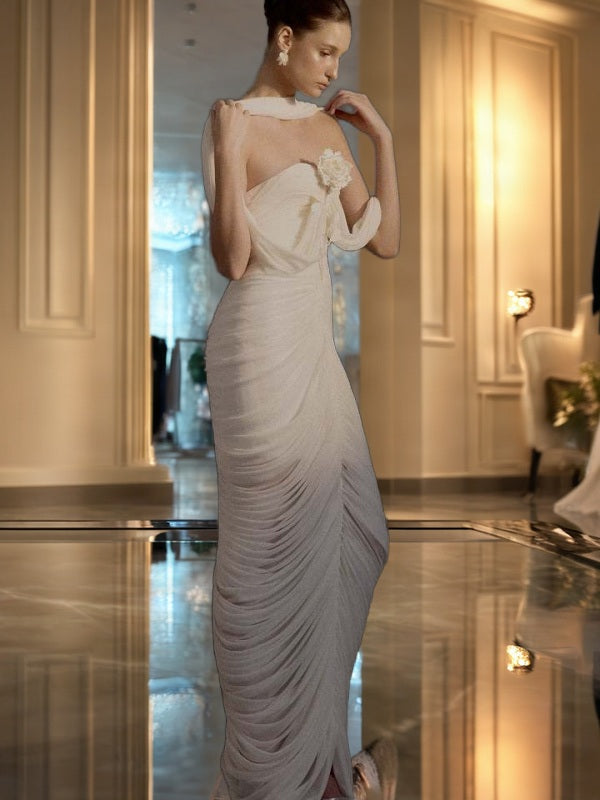 Ruched Strapless Maxi Gown with Draped Shawl side view · nz-bg-v1