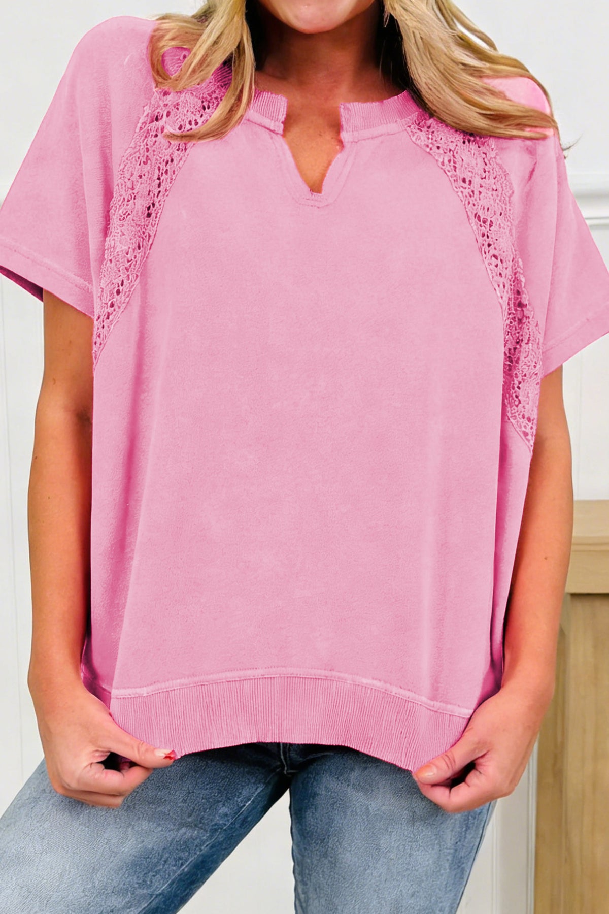 Cotton Raw Cut Notched Neck Lace Patchwork Detail Mineral Wash Tee