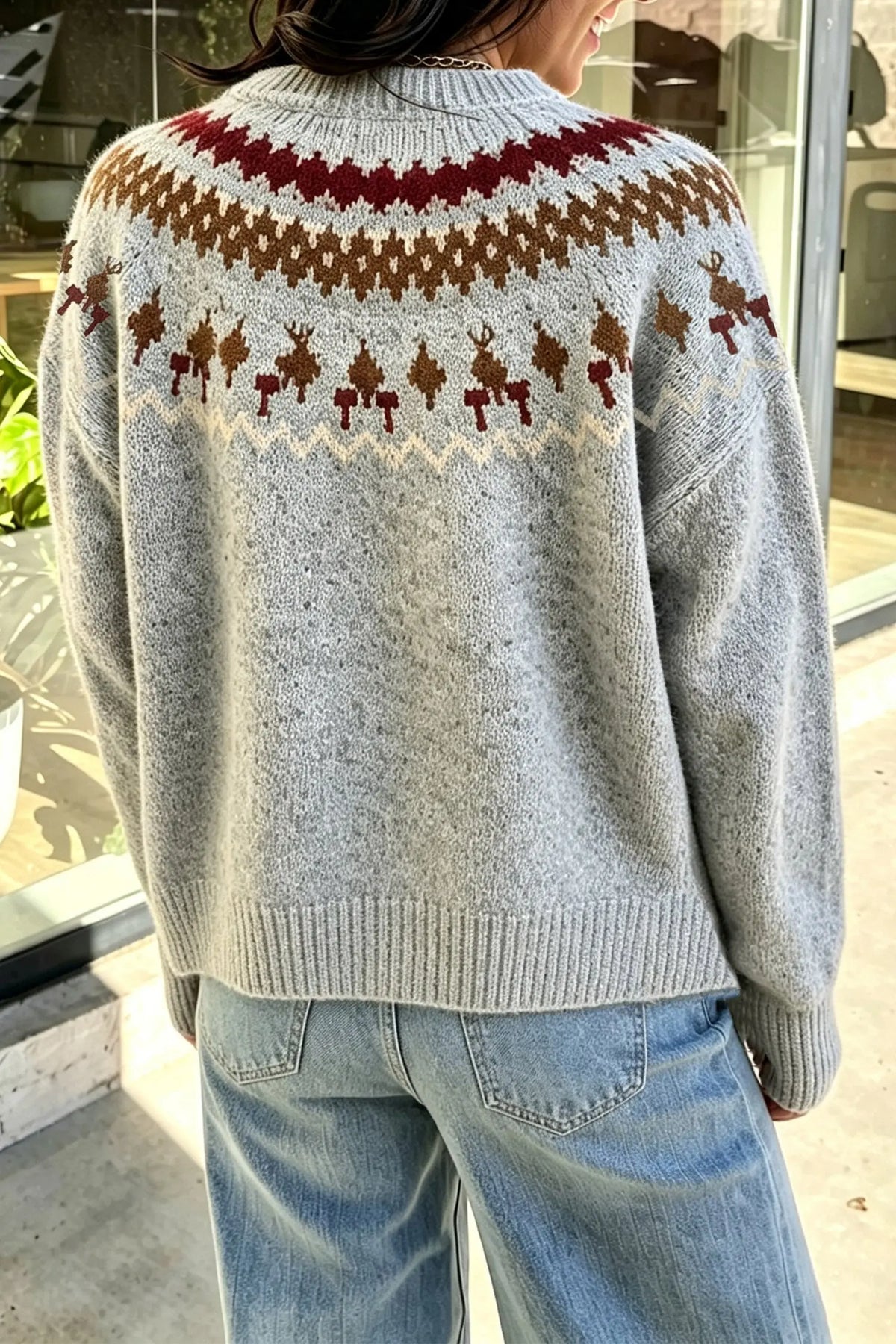 Gray Geometric Detail Round Neck Winter Sweater model back view · nz-alt-v1