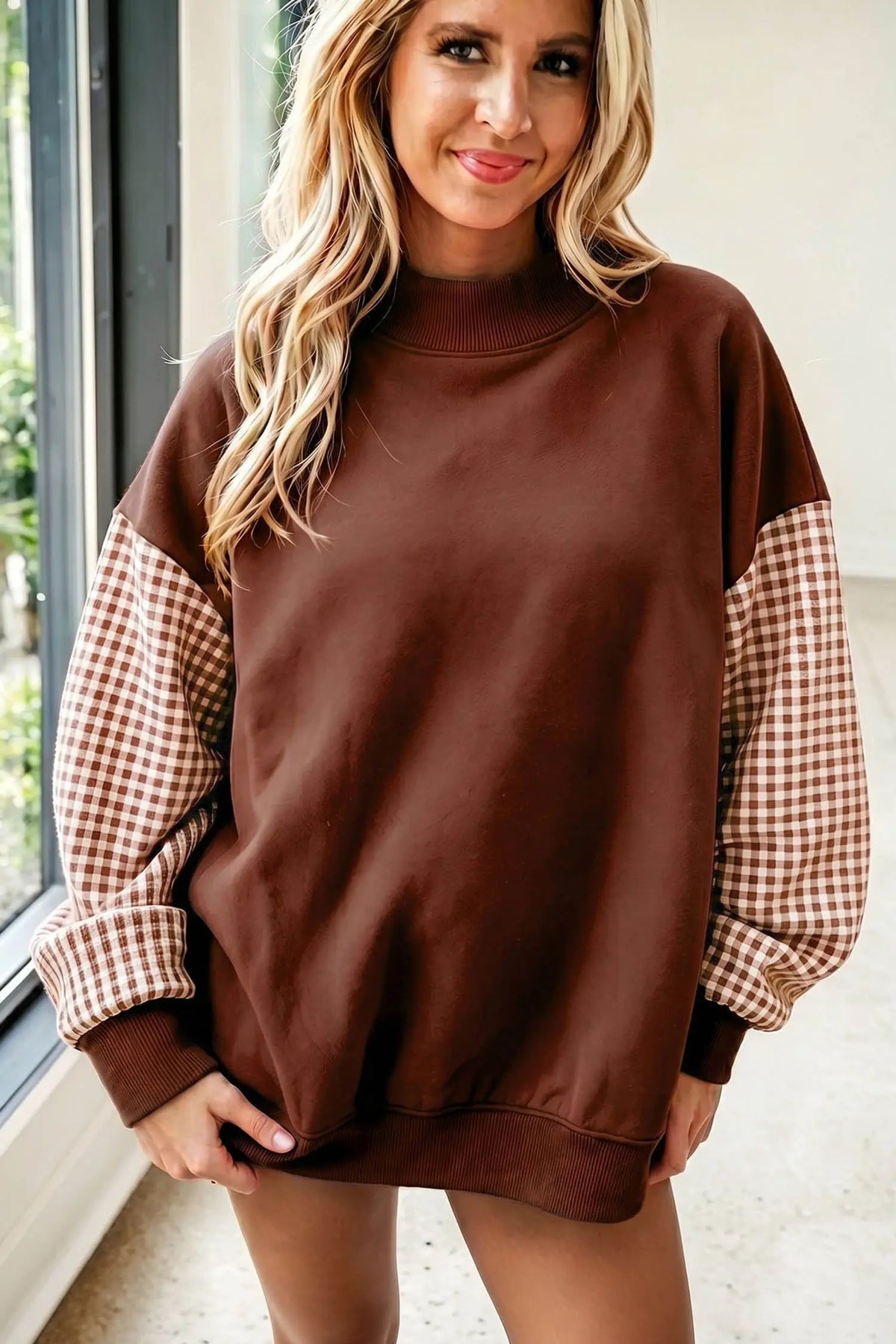 Navy Blue Plaid Sleeve Colorblock Loose Tunic Sweatshirt