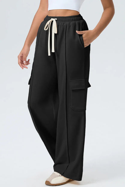 Black Solid Color Drawstring Elastic Waist Cargo Patch Pocket Active Pants
