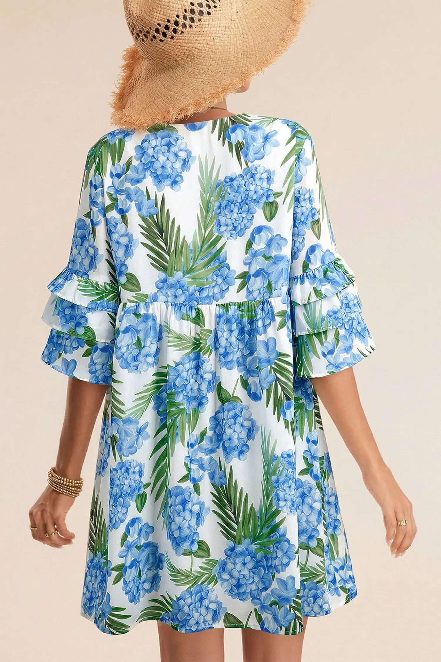 Sky Blue Palm Floral Print Contrast Ribbon Knot Ruffle Tiered Sleeve Mini Dress - Casual Dresses