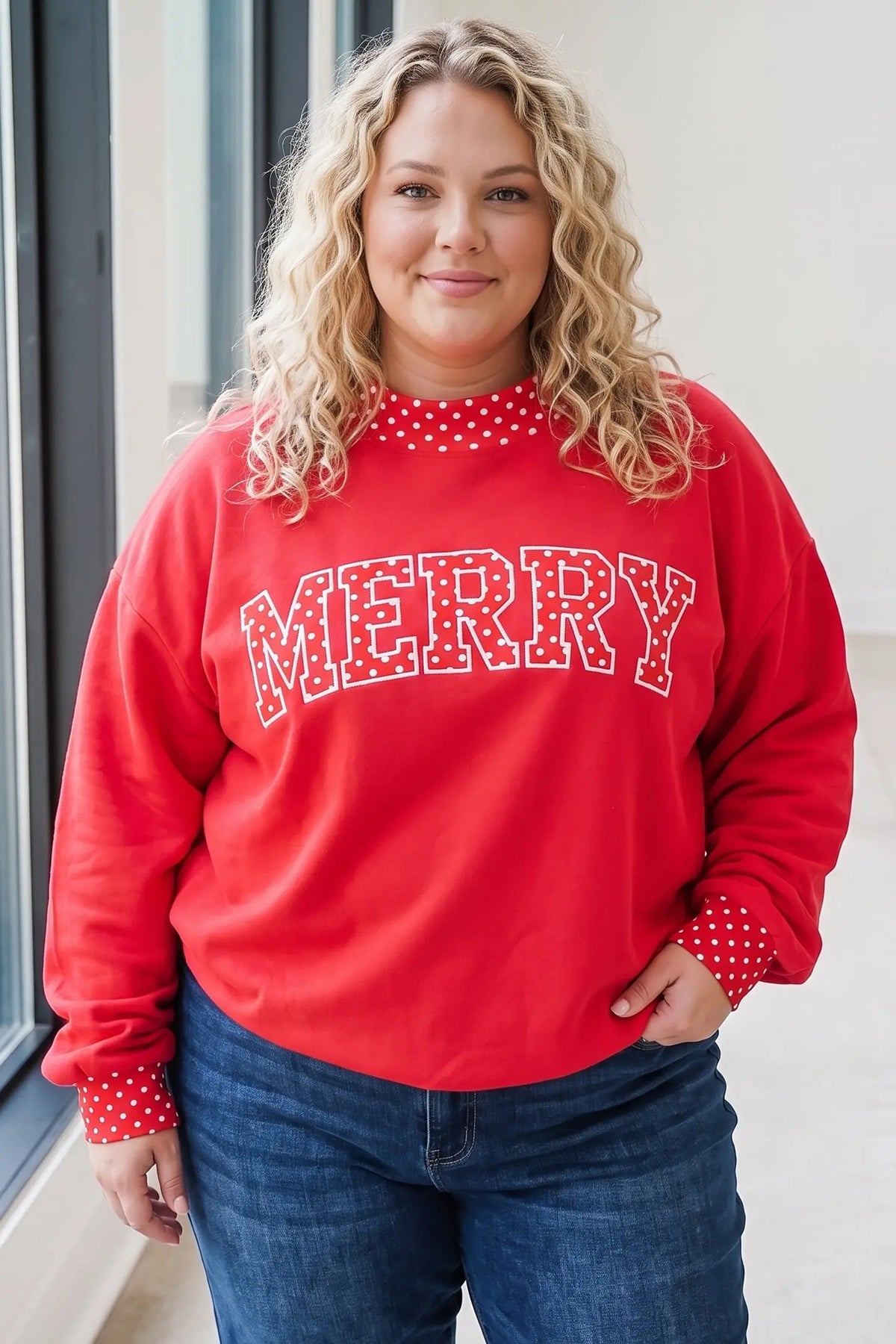 Red Polka Dot Patchwork Letter Graphic Plus Size Sweatshirt model front view · nz-alt-v1