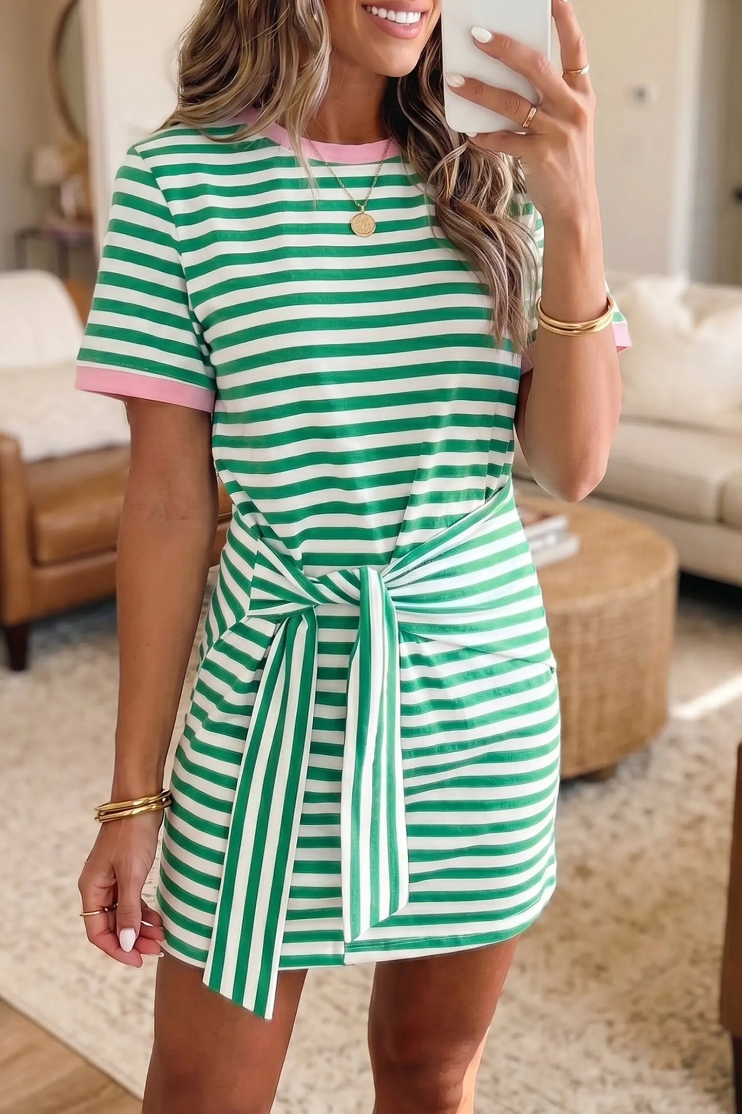 Sky Blue Stripe Nautical Tie Contrast Trim Round Neck T Shirt Mini Dress Nataliz