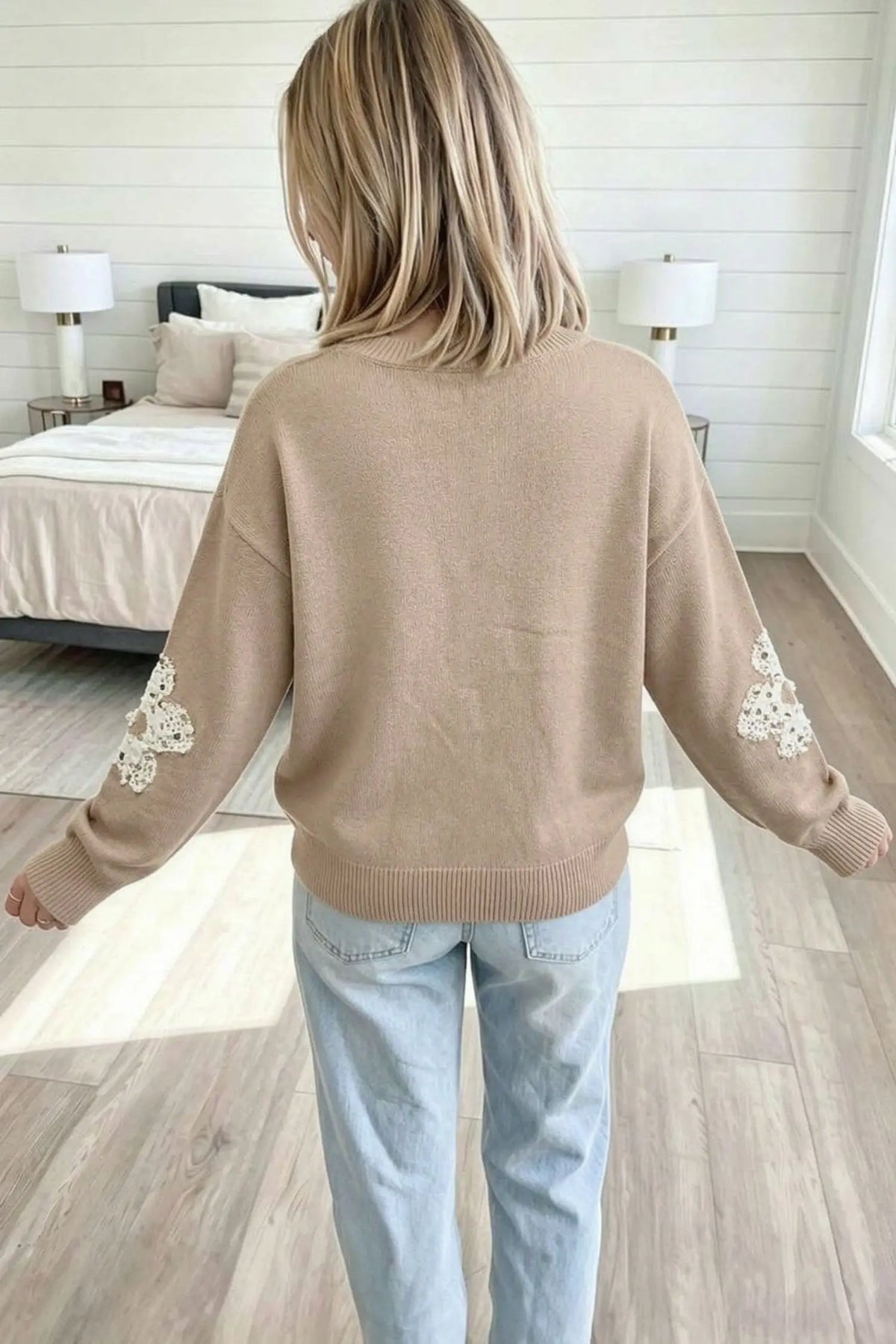 Smoke Gray Beaded Floral Patchwork Ribbed Trim Round Neck Sweater model back view · nz-alt-v1