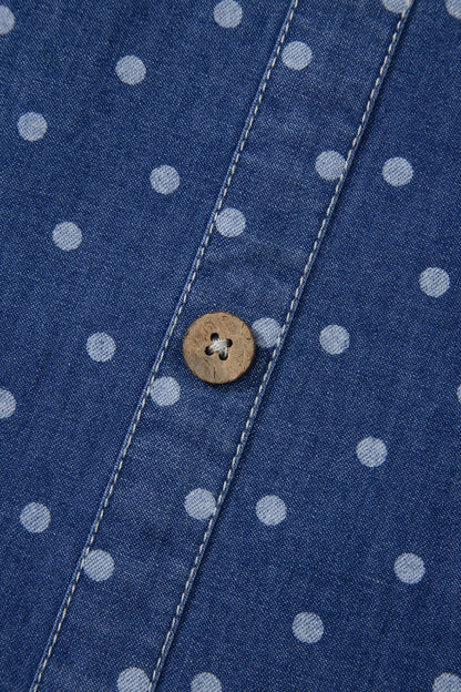 Blue Polka Dot Ruffle Hem Sleeveless Denim Mini Dress