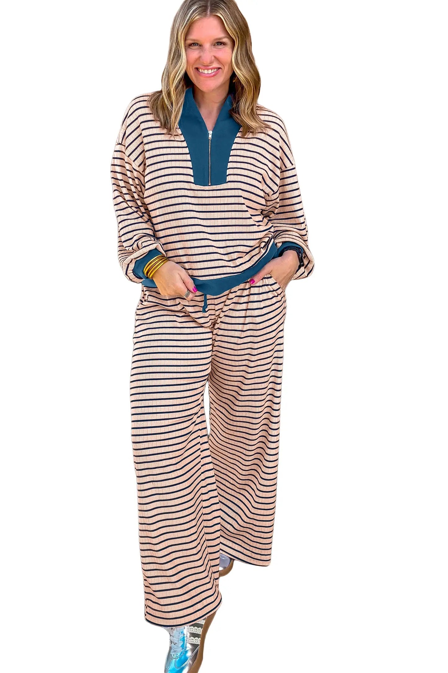 Pink Stripe Striped Colorblock V Neck Long Sleeve Plus Size Set