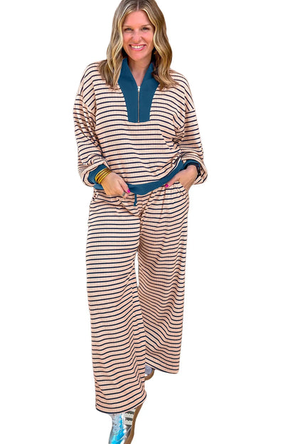 Pink Stripe Striped Colorblock V Neck Long Sleeve Plus Size Set