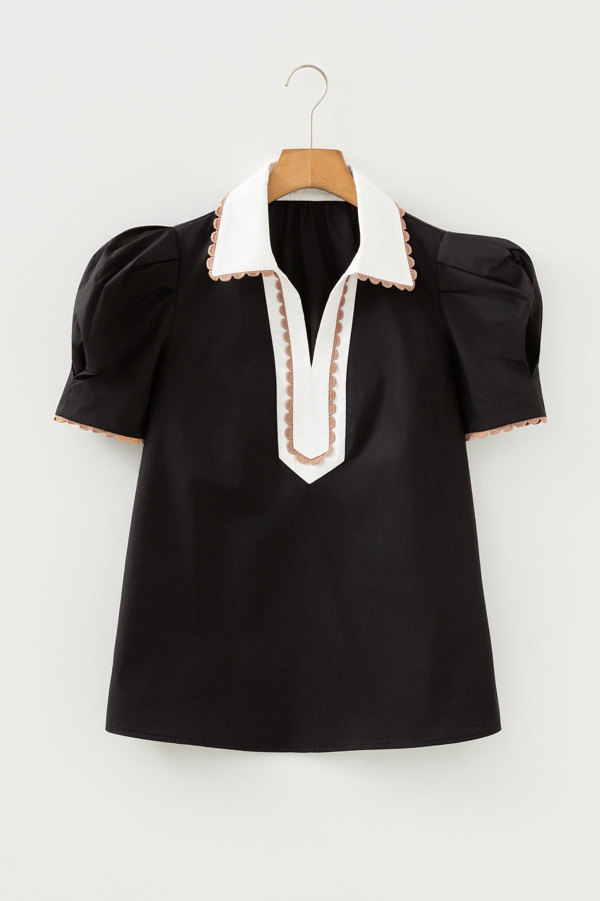Cotton Black Ricrac Trim Color Block Patchwork Shirt Collar Short Sleeve Blouse