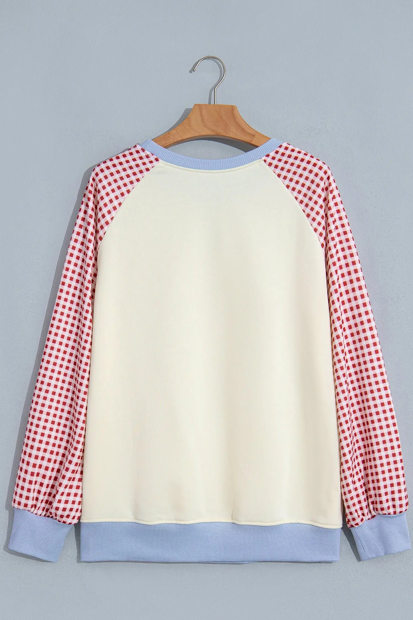 Beige Plaid Sleeve Colorblock Raglan Pullover Sweatshirt