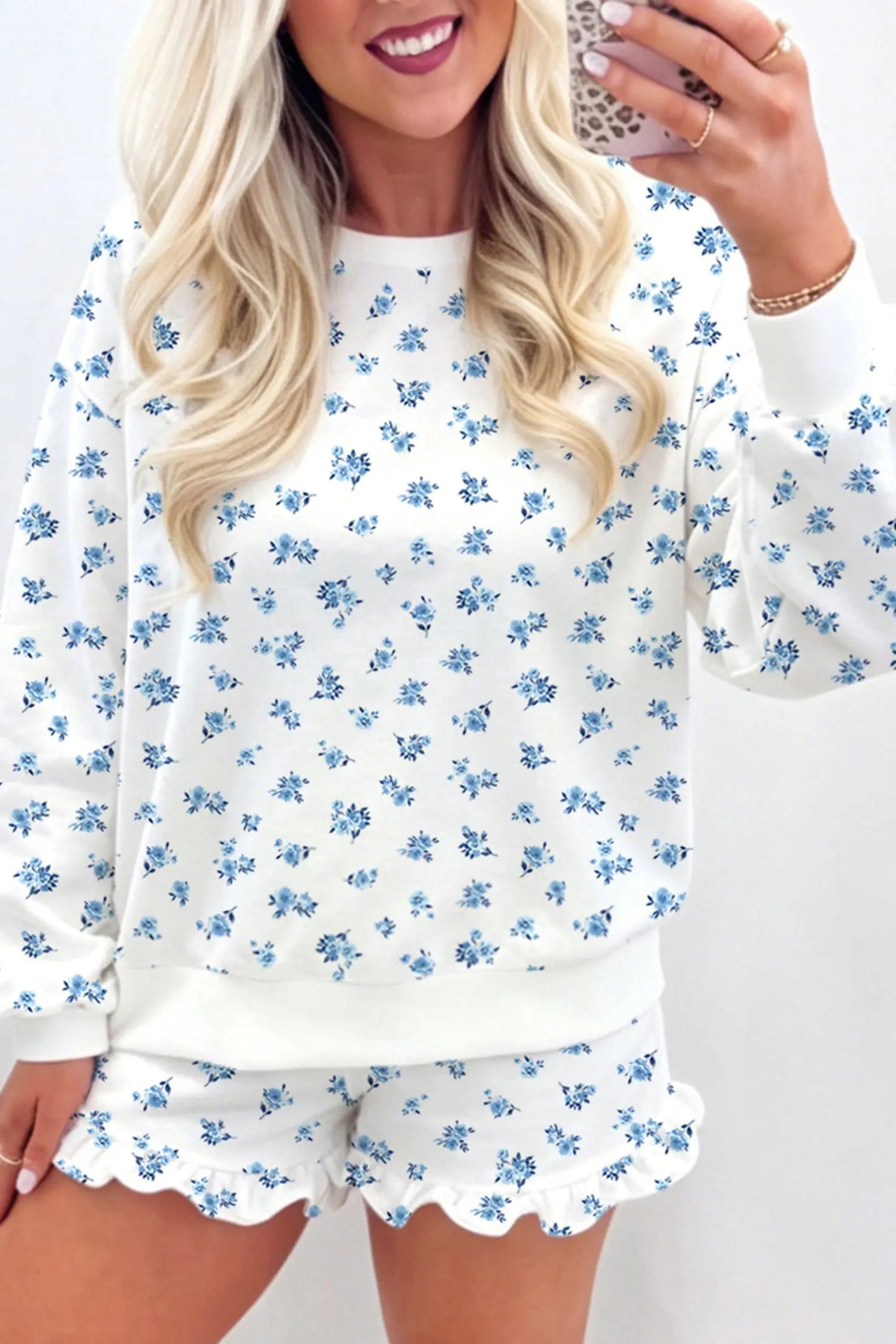Sky Blue Floral Print Long Sleeve Top Elastic Waist Ruffle Hem Shorts 2pcs Set