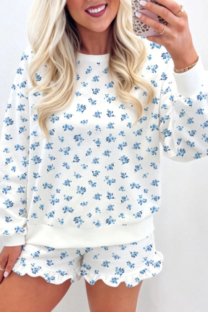 Sky Blue Floral Print Long Sleeve Top Elastic Waist Ruffle Hem Shorts 2pcs Set