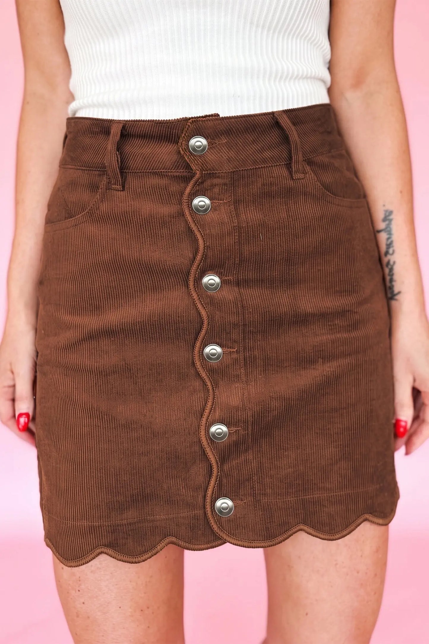 Coffee Button Front Corduroy Mini Pockets Sheath Silhouette Skirt