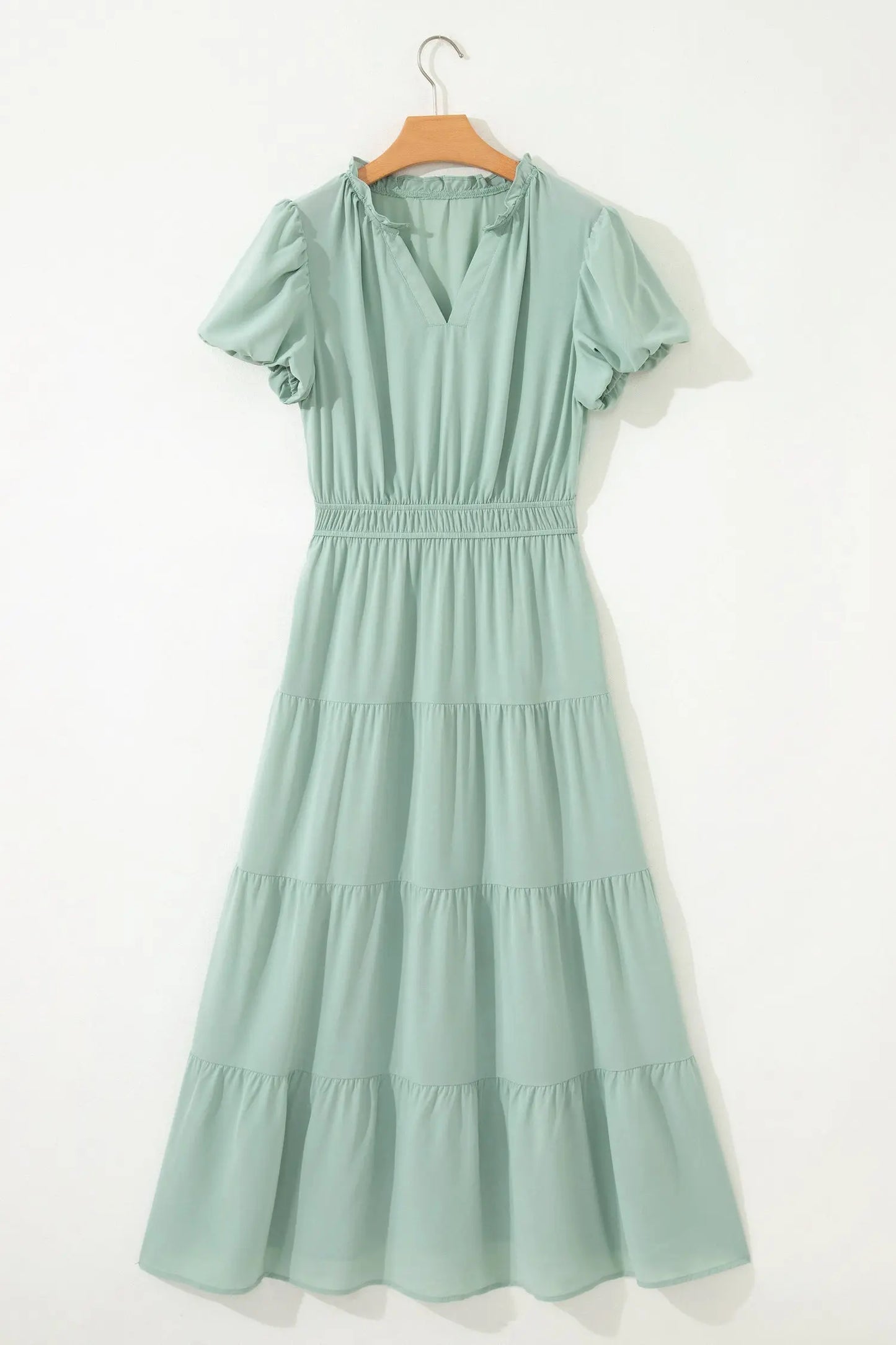 Bright Green Solid Color V Neck Short Puff Sleeve High Waist Tiered Maxi Dress - Casual Dresses