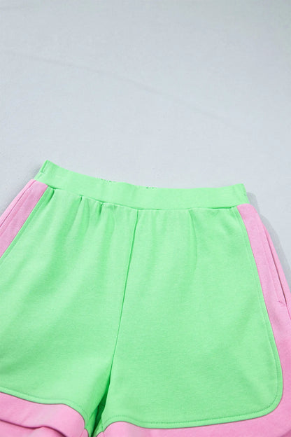Green Color Block Accent Half Zip Top Athleisure Shorts Set