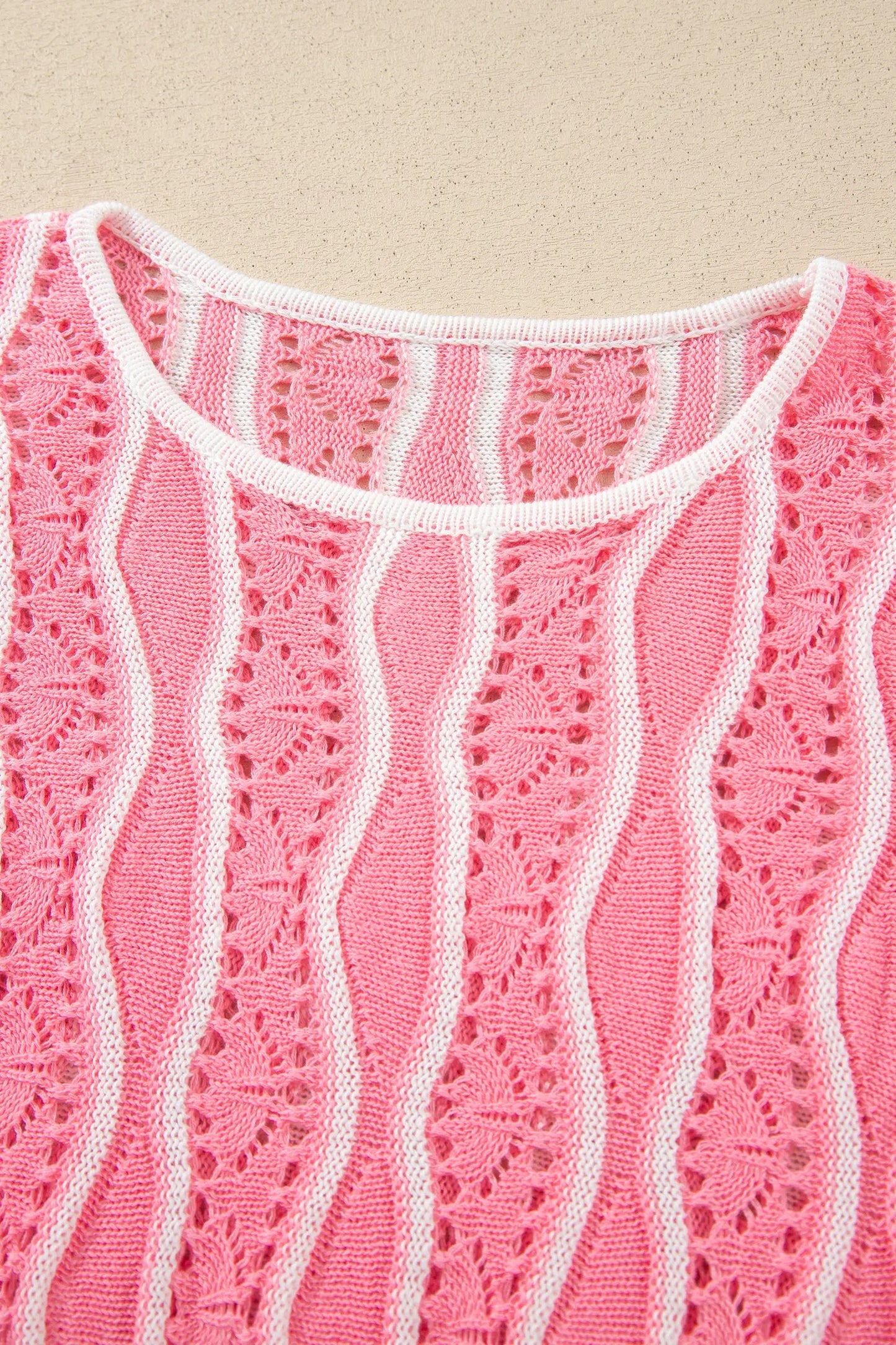 Khaki Wavy Detail Hollow Out Knit Long Sleeve Cotton Pullover Sweater