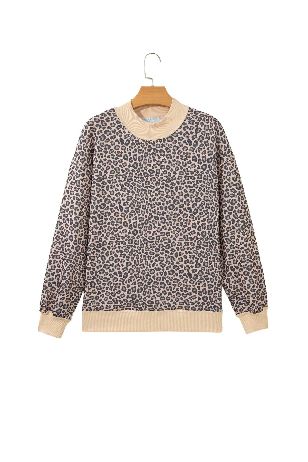 Brown Leopard Print High Neck Long Sleeve Ribbed Cuffs Hem Sweatshirt
