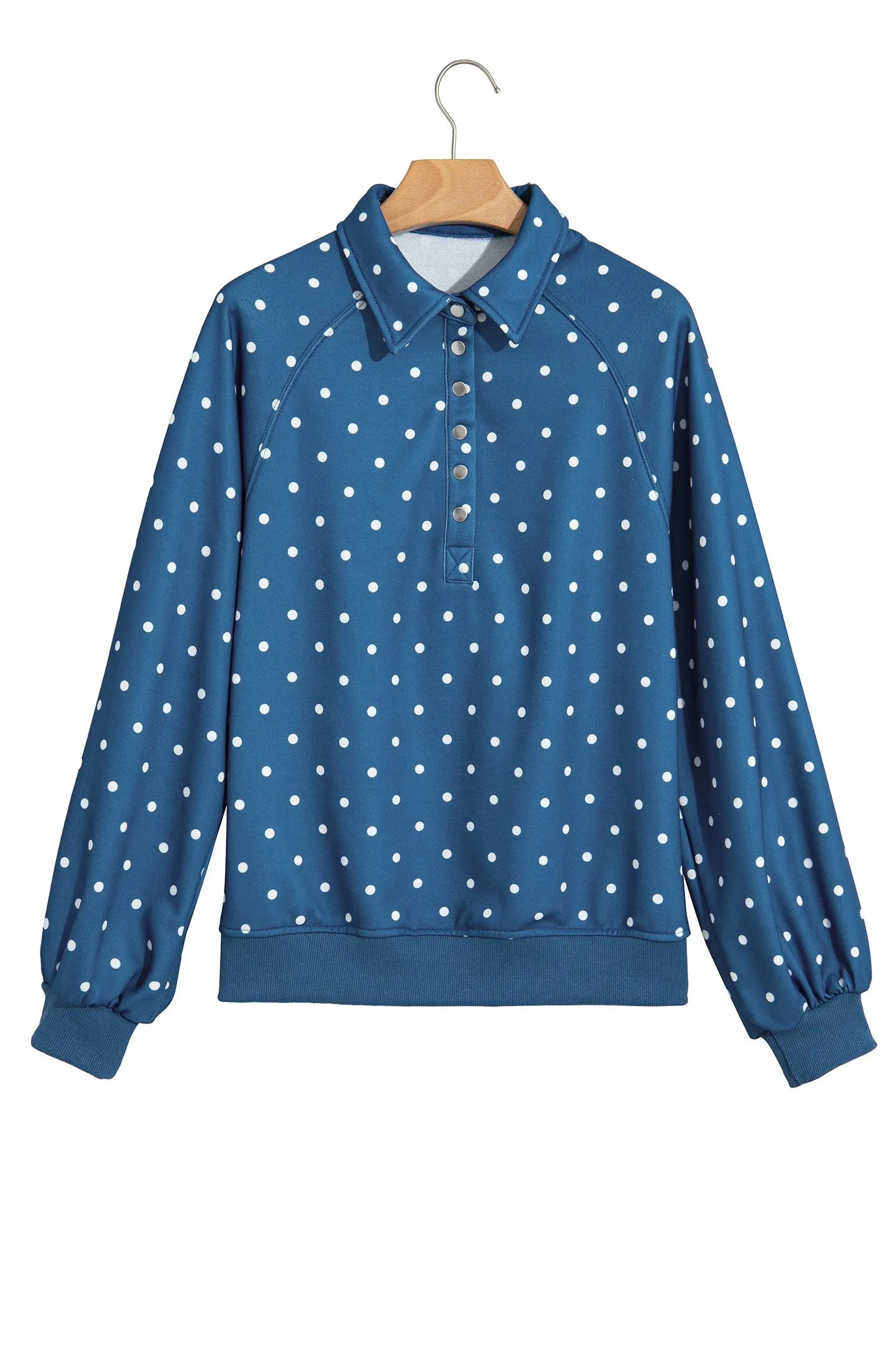 Pink Polka Dot Print Metal Button Collar Casual Pullover Sweatshirt