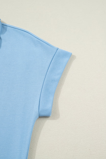 Sea Green Solid Color Snap Button Polo Collar Short Sleeve Scallop Hem Mini Dress