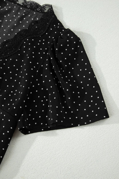 Black Polka Dot Print Lace Trim Wrap Mini Dress - Casual Dresses
