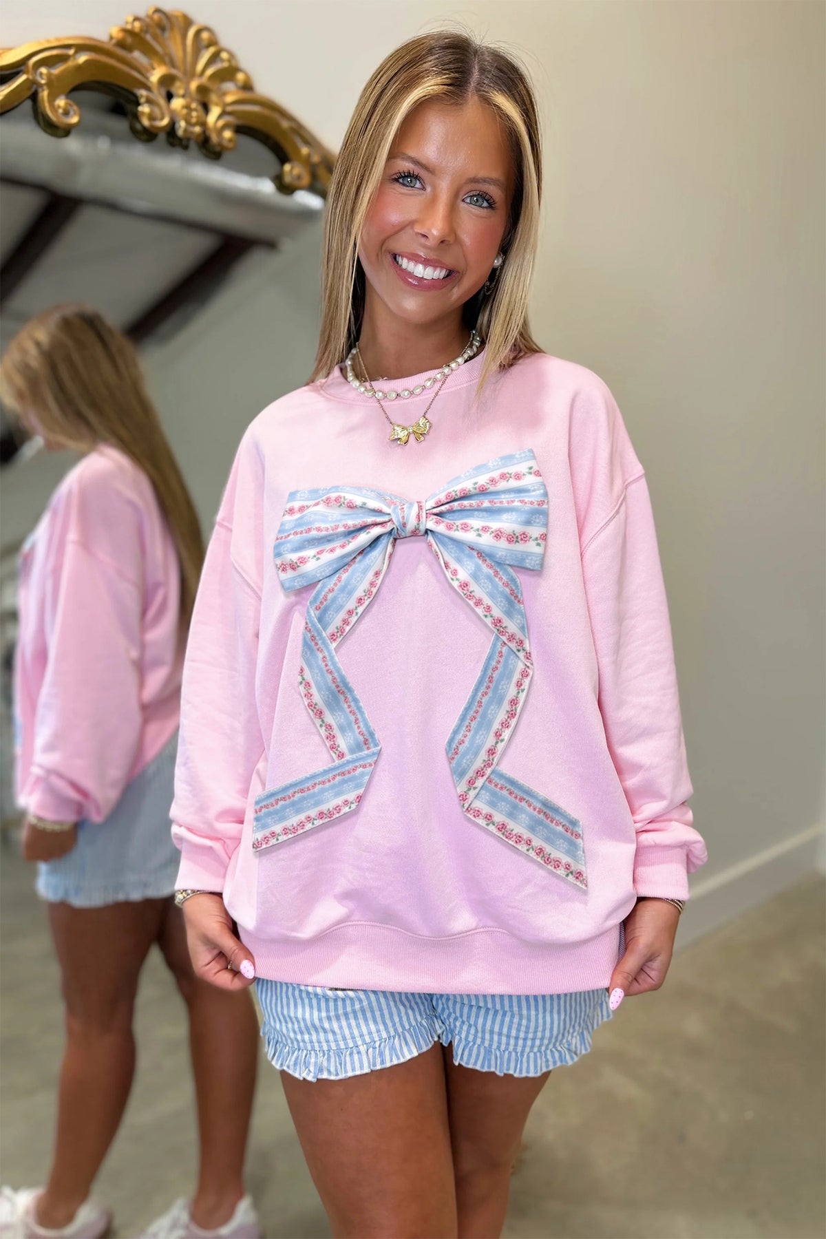 Floral Bow Decoration Drop Shoulder Long Sleeve Top