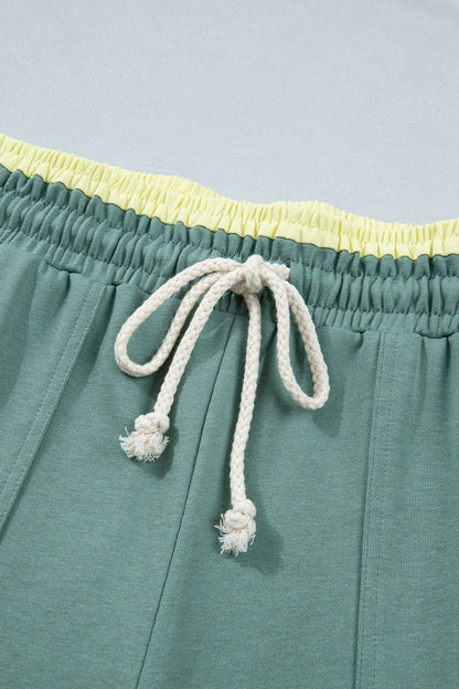 Grapefruit Orange Color Block Flower Patchwork Drawstring Contrasted Elastic Waist Wide Leg Pants