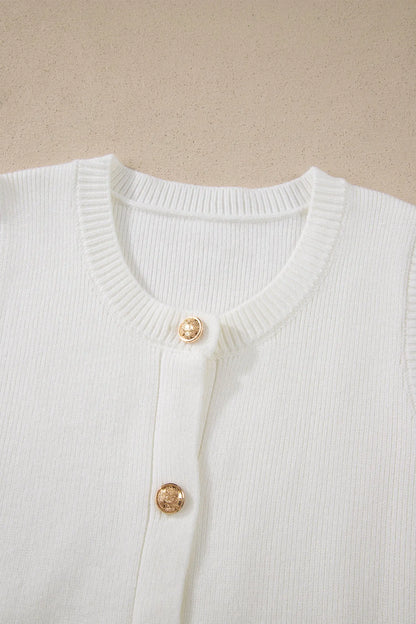 White Solid Color Sleeveless Knit Button Pocketed Sweater