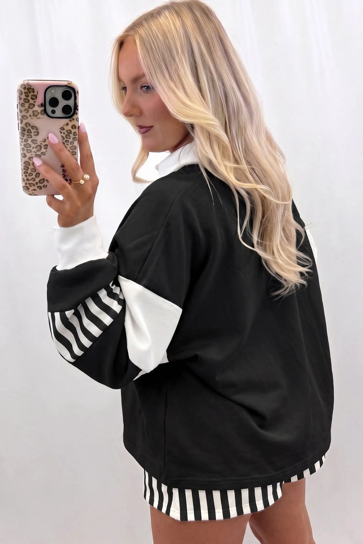Striped Color Block Pullover Top Drawstring Shorts Set