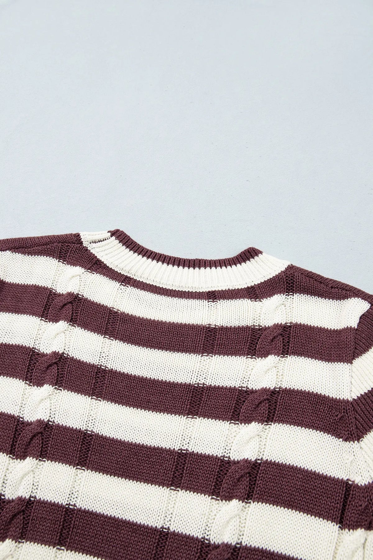 Brown Stripe Ribbed Knit Cable Detail Short Sleeve Sweater