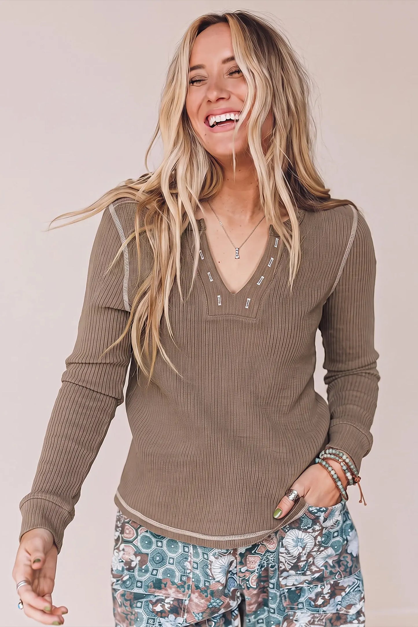 Peacock Blue V Neck Ribbed Stitched Detail Long Sleeve Top