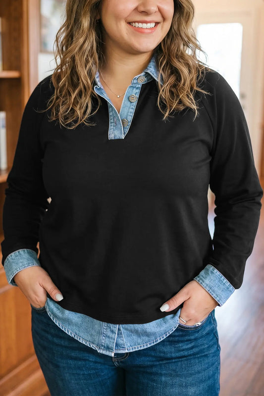 Black colorblock long sleeve V-neck plus size blouse model front view · nz-alt-v1