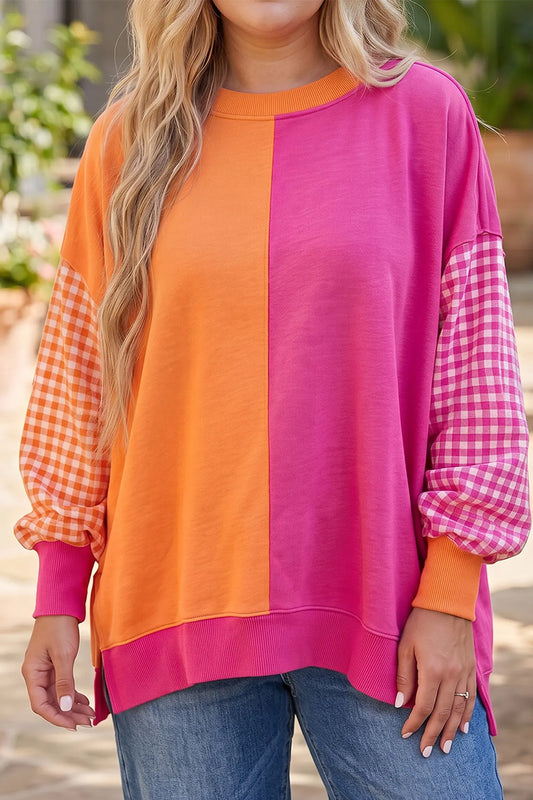 Rose Red Colorblock Patchwork Gingham Sleeve Plus Size Sweatshirt model front view · nz-alt-v1