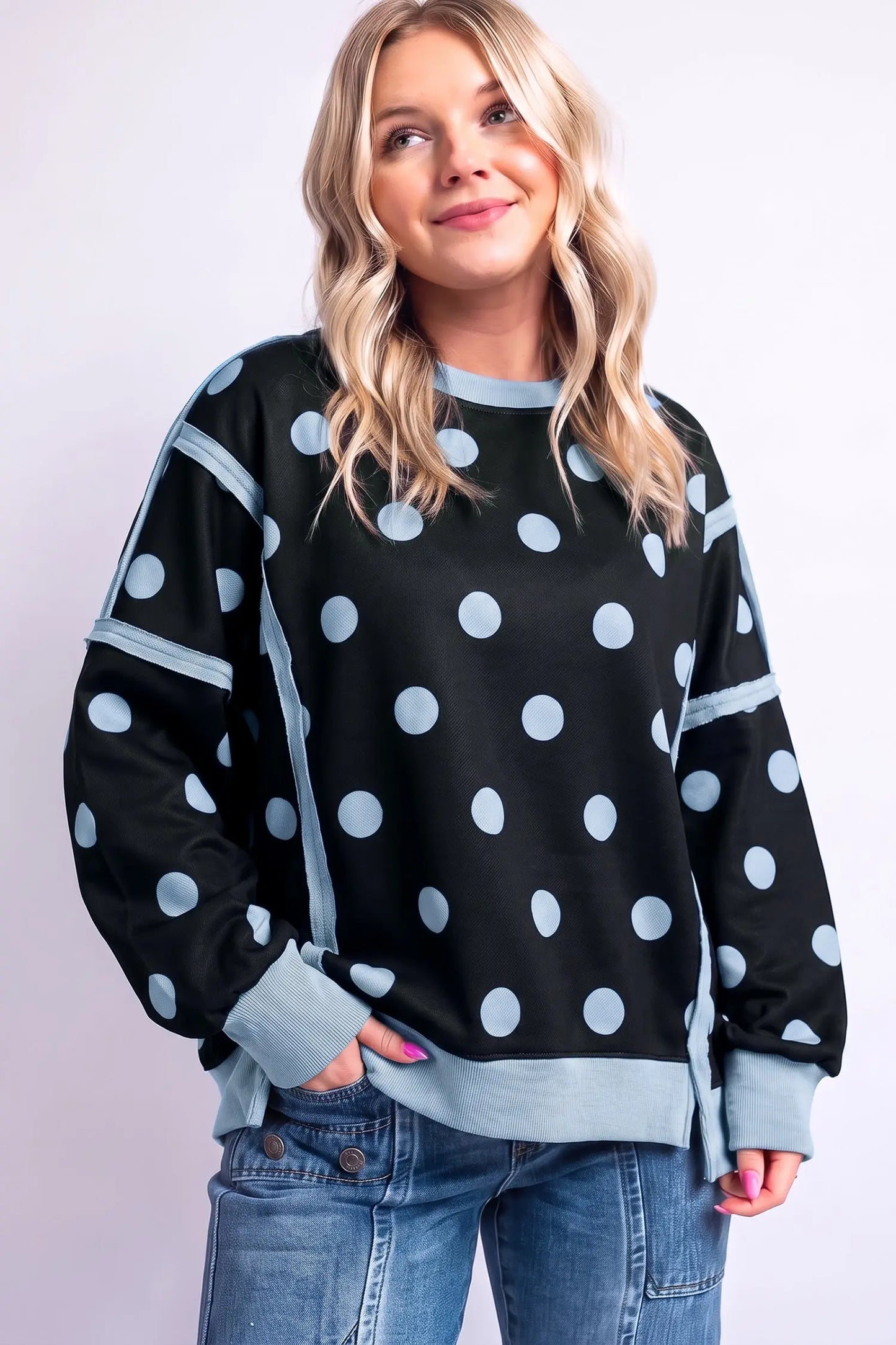 White Polka Dot Contrast Patchwork Round Neck Baggy Sweatshirt