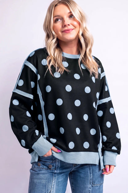 White Polka Dot Contrast Patchwork Round Neck Baggy Sweatshirt