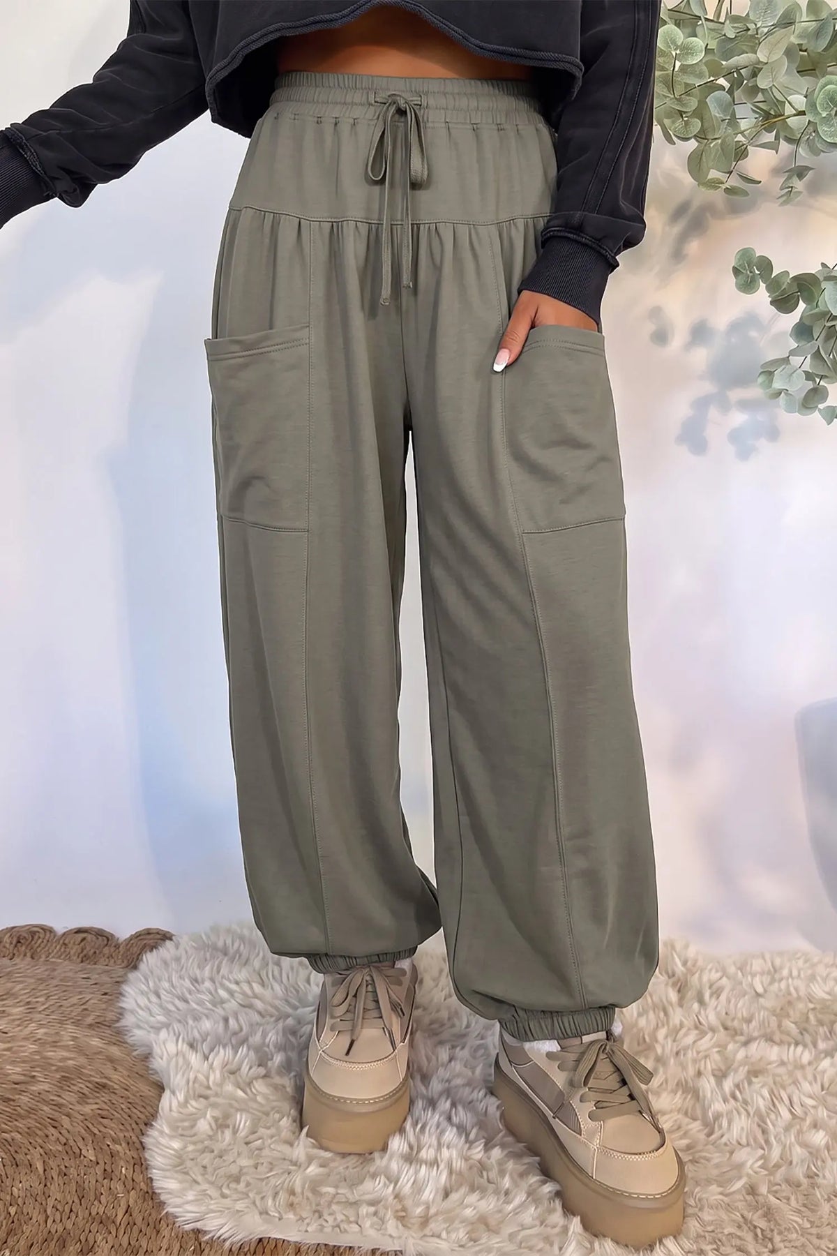 Dirty blue Elastic Waist Drawstring Wide Leg Full Length Pants