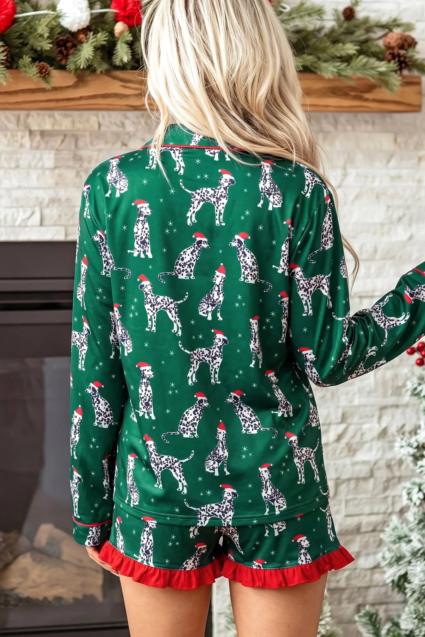 Green Long Sleeve Dog Print Two Piece Shift Lounge Set