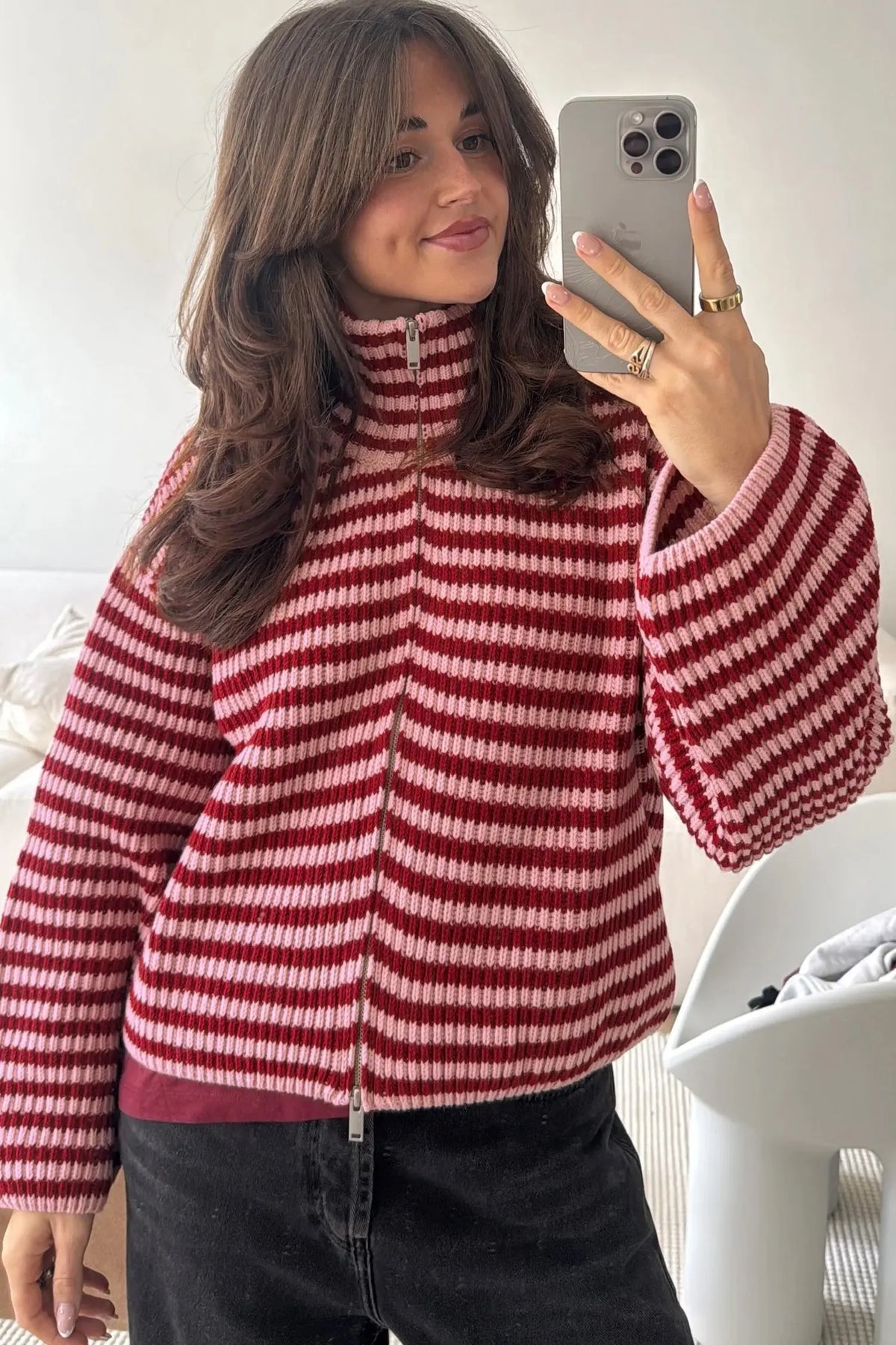 Red Stripe Striped High Neck Zip-up Sweater Long Sleeve Casual Fit Drop Shoulder Open Front Cardigan